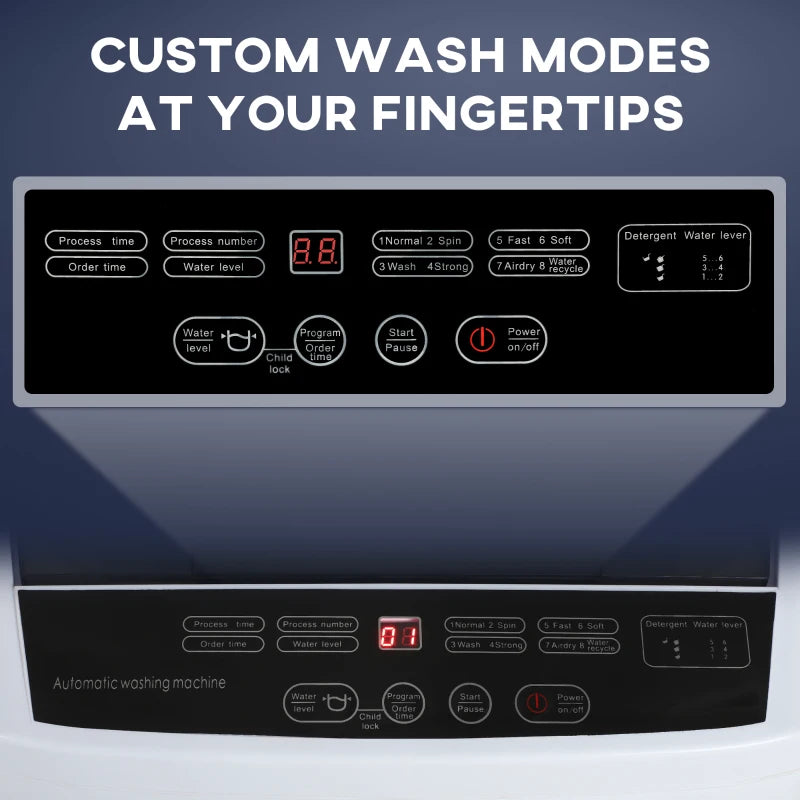 Compact Washer, Portable Washing Machine, Full Automatic Washer with 8 Programs and 6 Water Levels, White