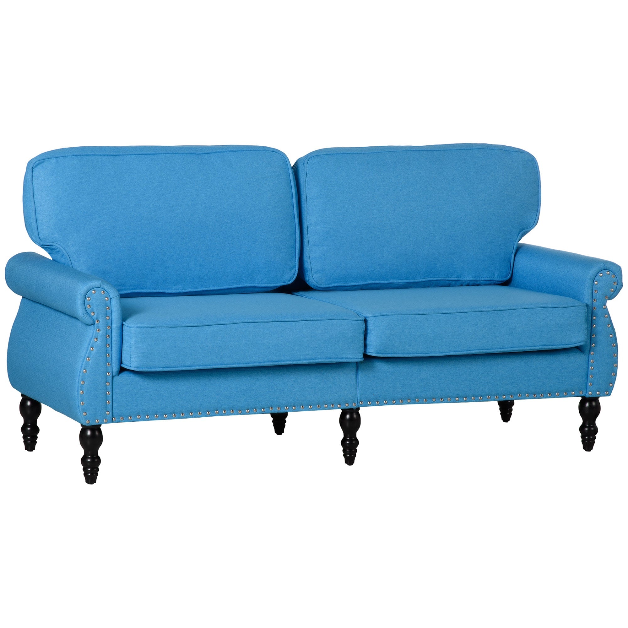HOMCOM Traditional Style Double Sofa with Sponge Padding and Rubber Wood Leg, 2 Seater Nail Head Accent Loveseat, Light Blue