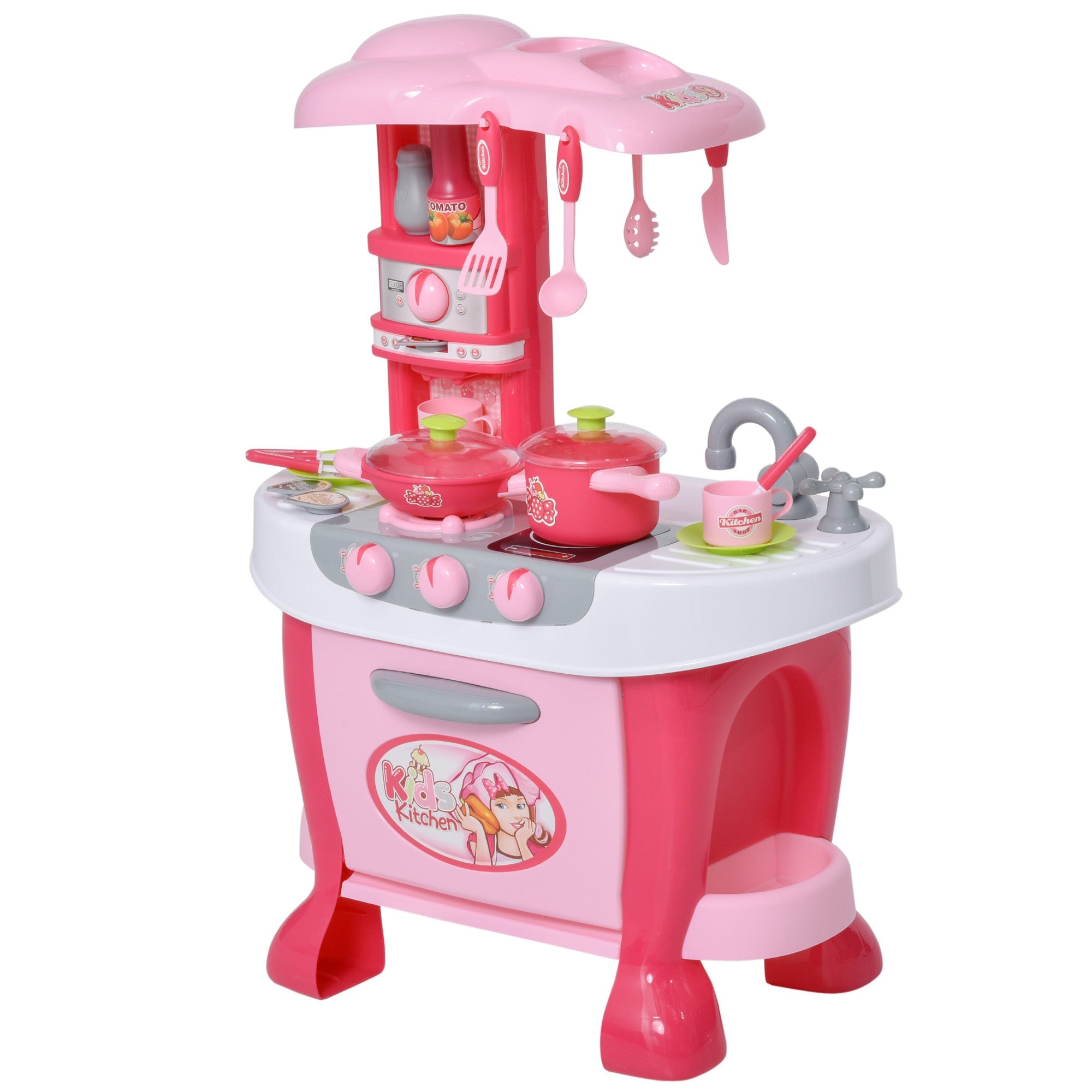 Qaba Children's Kitchen Playset with Light & Sound, 38Pcs Toy Accessories, Ideal for Pretend Play, Pink