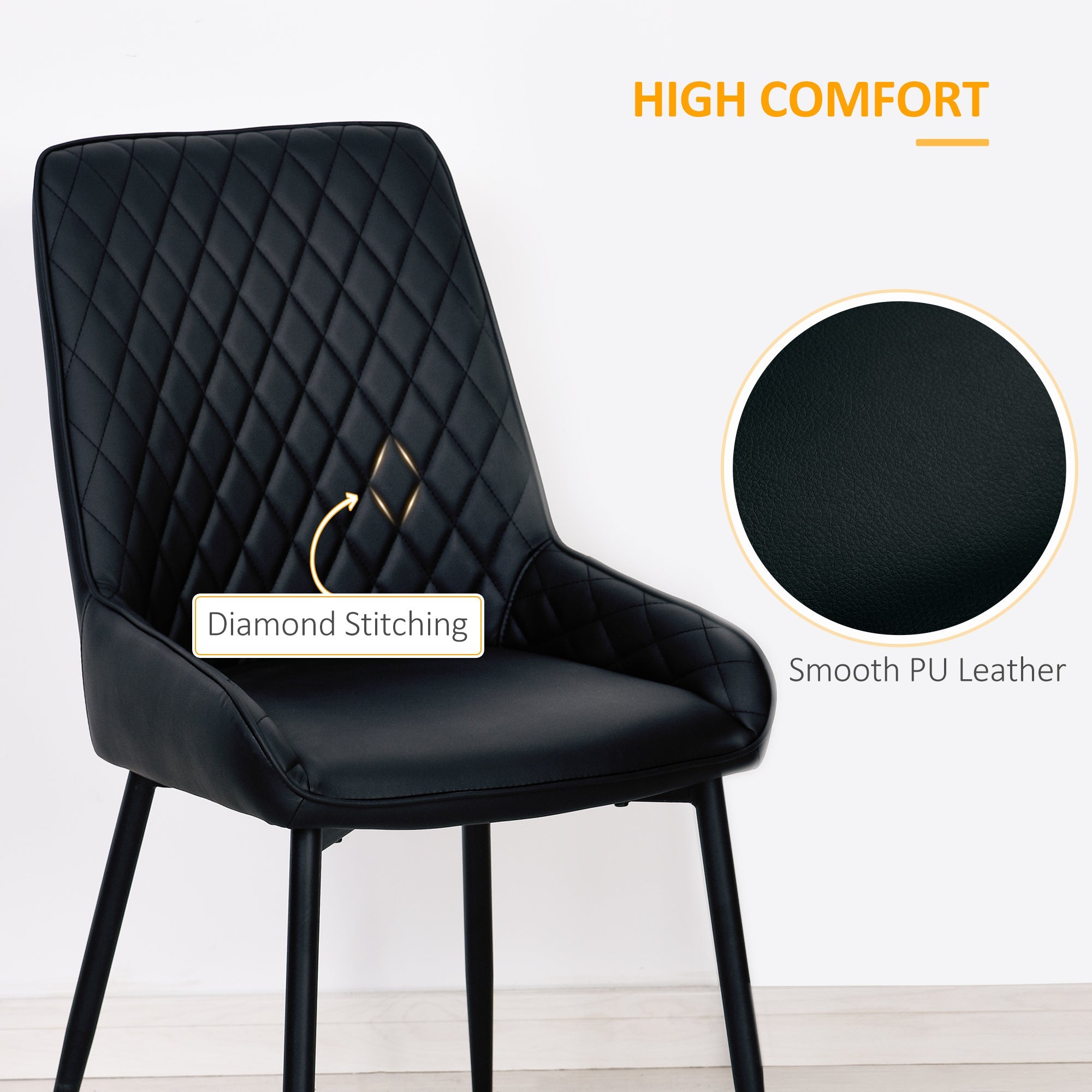 HOMCOM 2 Pack Mid Century Dining Chairs Black PU Leather Padded Metal Legs Modern for Kitchen Office