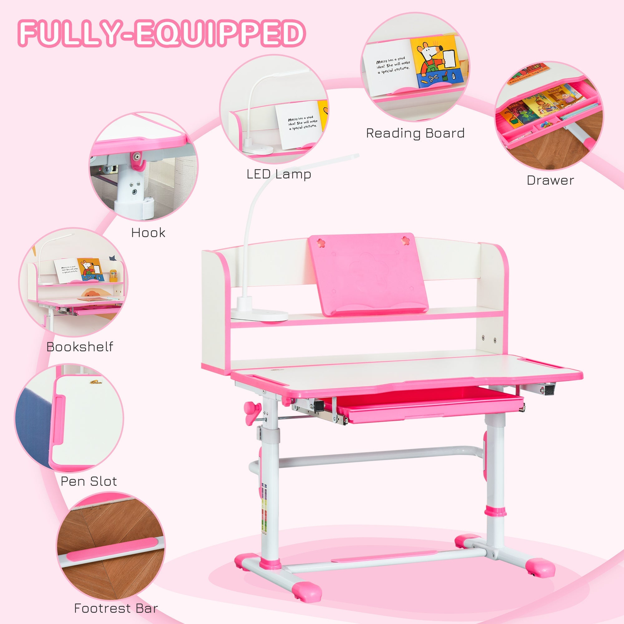 Qaba Kids Adjustable Desk and Chair Set with LED Light Bookshelf Drawer for Student Study Pink