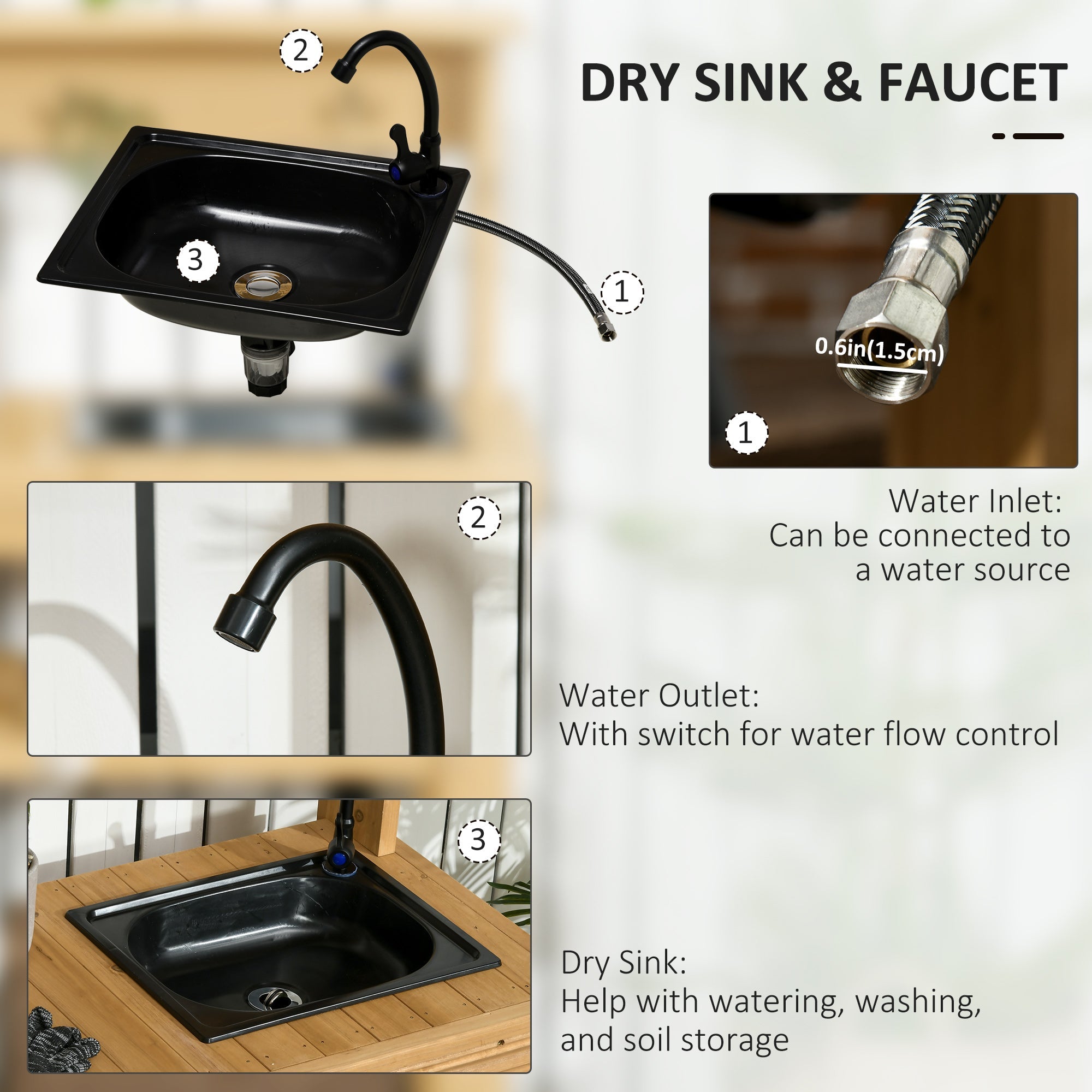 Outsunny Outdoor Potting Bench Table with Faucet, Removable Sink, Hooks and Storage Shelves, Wood Work Bench Workstation