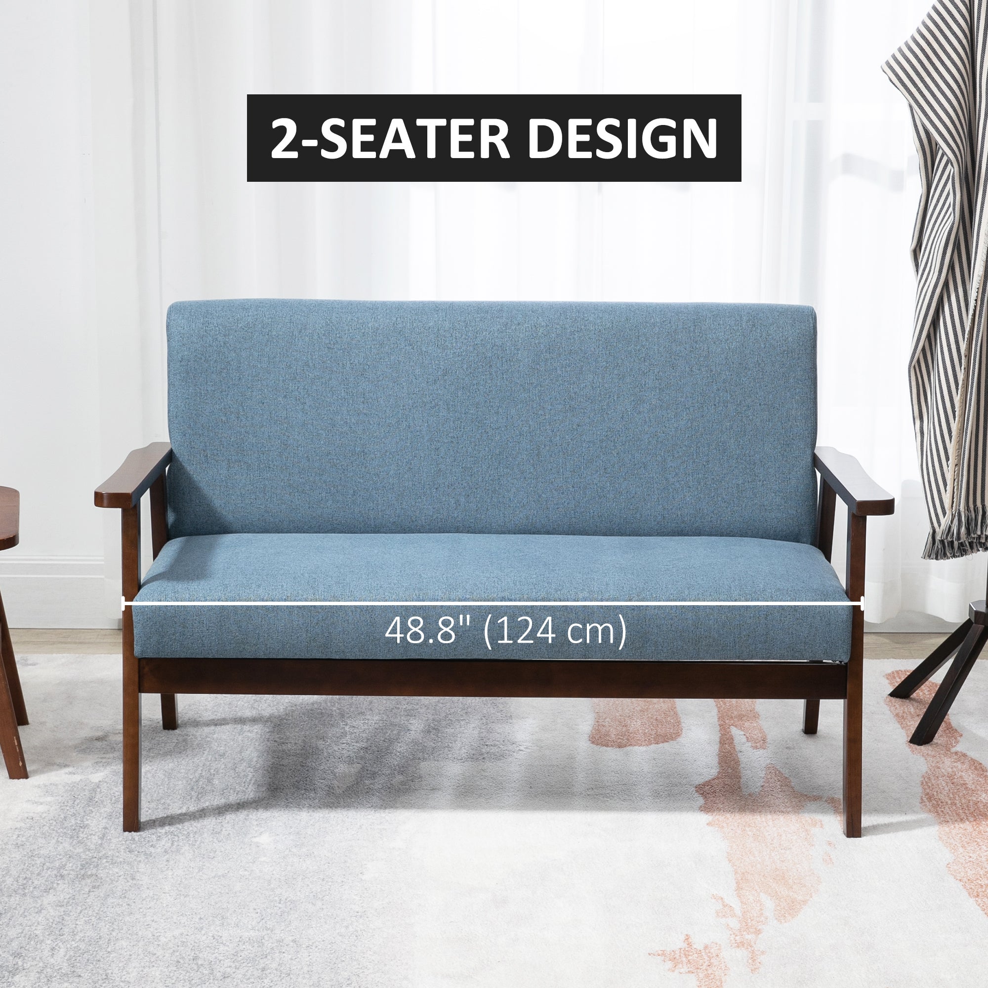 HOMCOM Compact Linen Loveseat Sofa: Double Seat with Rubber Wood Frame, Blue
