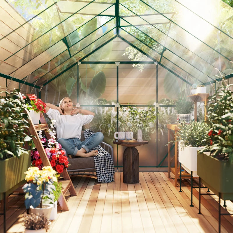 Aluminium Greenhouse Polycarbonate Walk-in Garden Greenhouse Kit with Adjustable Roof Vent, 8 x 12ft, Green