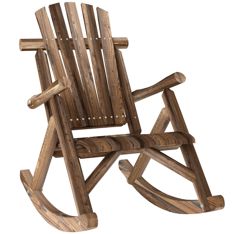 Wooden Outdoor Rocking Chair, Oversized Adirondack Patio Rocker with High Back and Slatted Seat, Carbonized