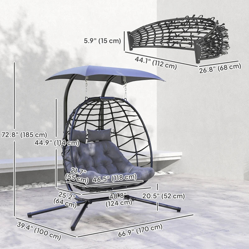 Double Wicker Egg Swing Chair with Canopy, Foldable Hanging Egg Chair with Stand Cushion Headrest, Black