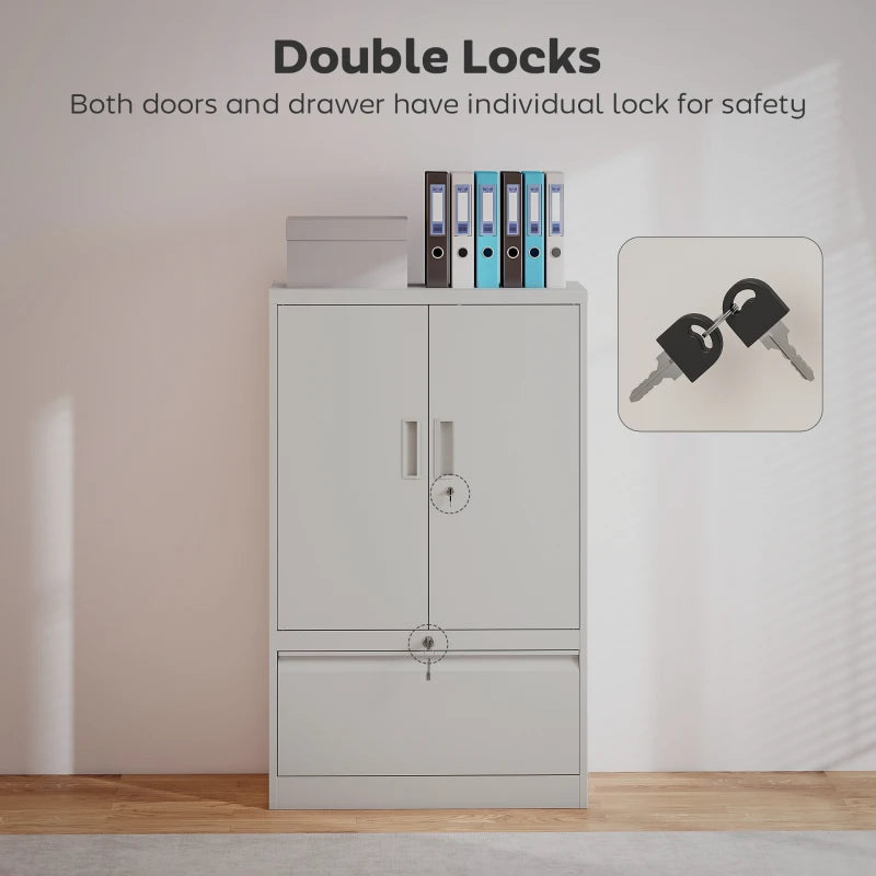 Lateral Filing Cabinet, Metal Storage Cabinet, Garage Cabinet with Double Locks, Adjustable Shelf and File Drawer, White
