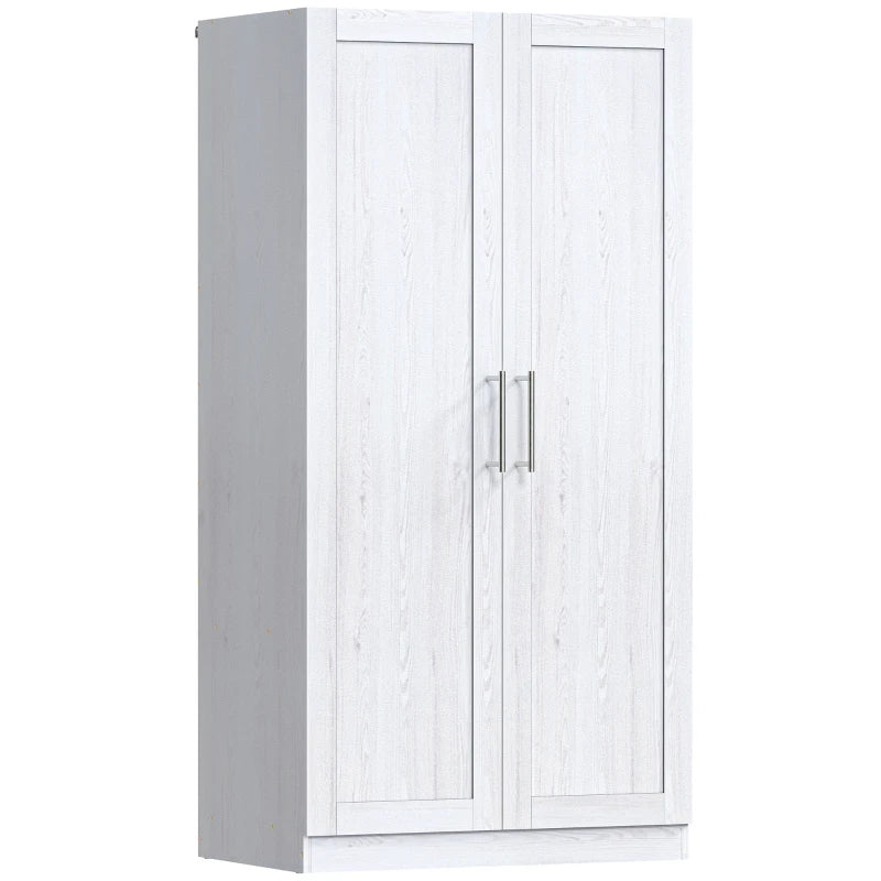 Wardrobe Cabinet with 2 Doors and Hanging Rod, Modern Armoire Wardrobe Closet for Bedroom, White Wood Effect