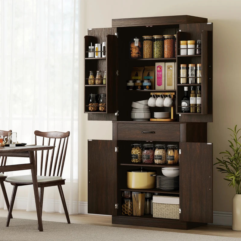 72" Kitchen Pantry Cabinet, Farmhouse Kitchen Storage Cabinet with 4 Barn Doors, 6 Door Shelves, Drawer, Brown
