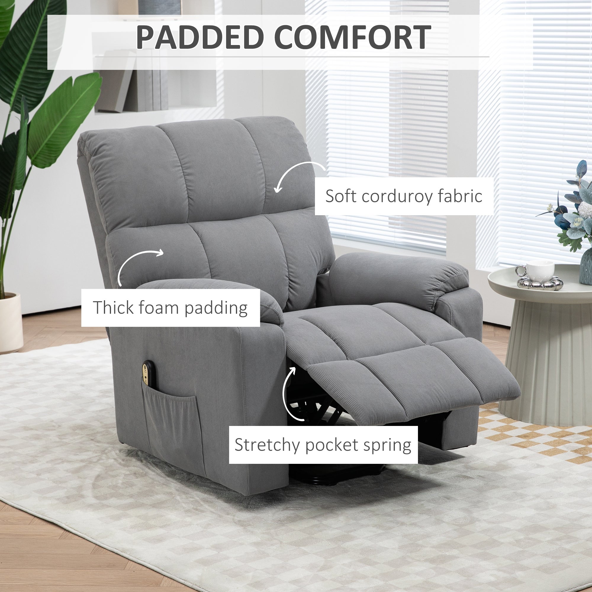HOMCOM Electric Recliner Lift Chair for Elderly Fabric Upholstery Remote Control Side Storage Pockets Elegant Grey