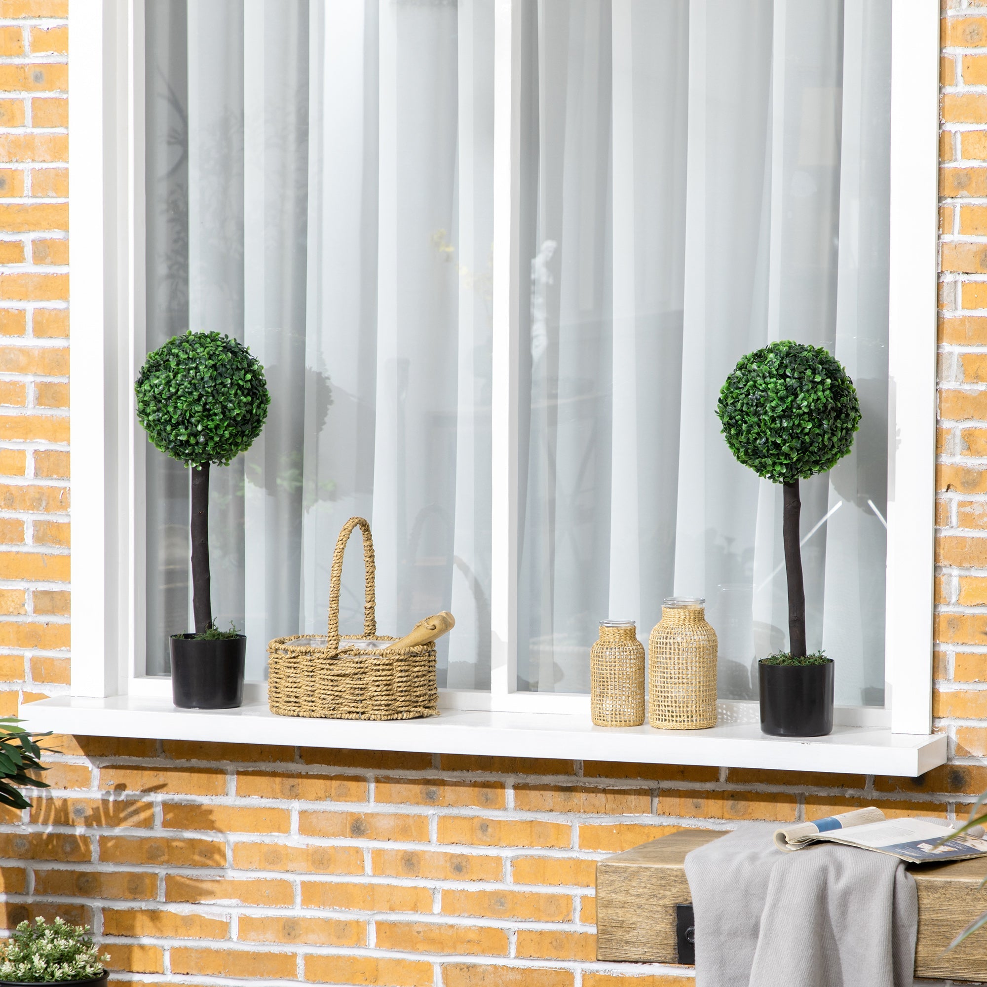 HOMCOM 2ft Artificial Boxwood Ball Trees: Set of 2 Fake Plants in Pot for Indoor Outdoor, Green