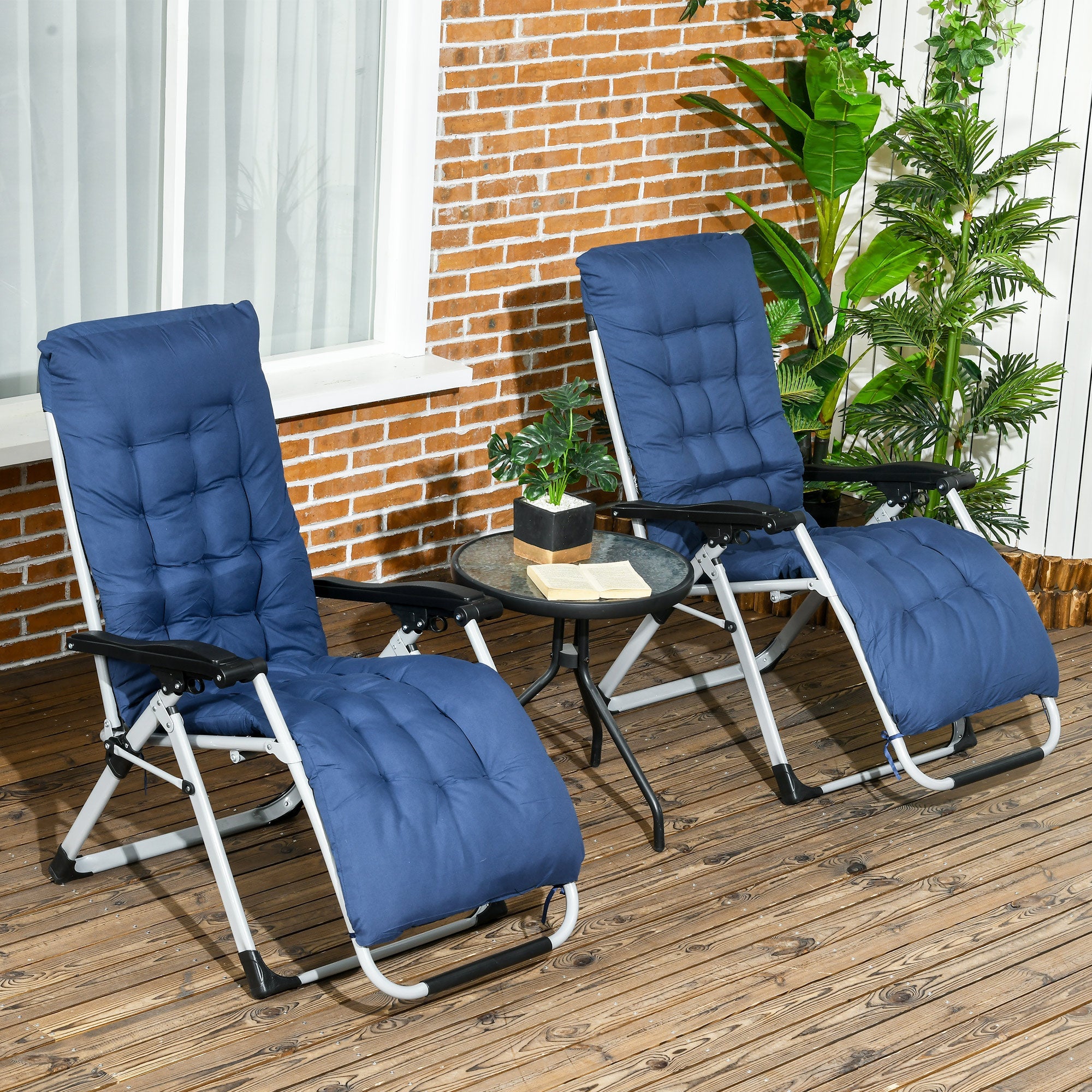 Outsunny Garden Chairs Set of 2 Reclining Zero Gravity Sun Lounger with Cushion Blue Comfort
