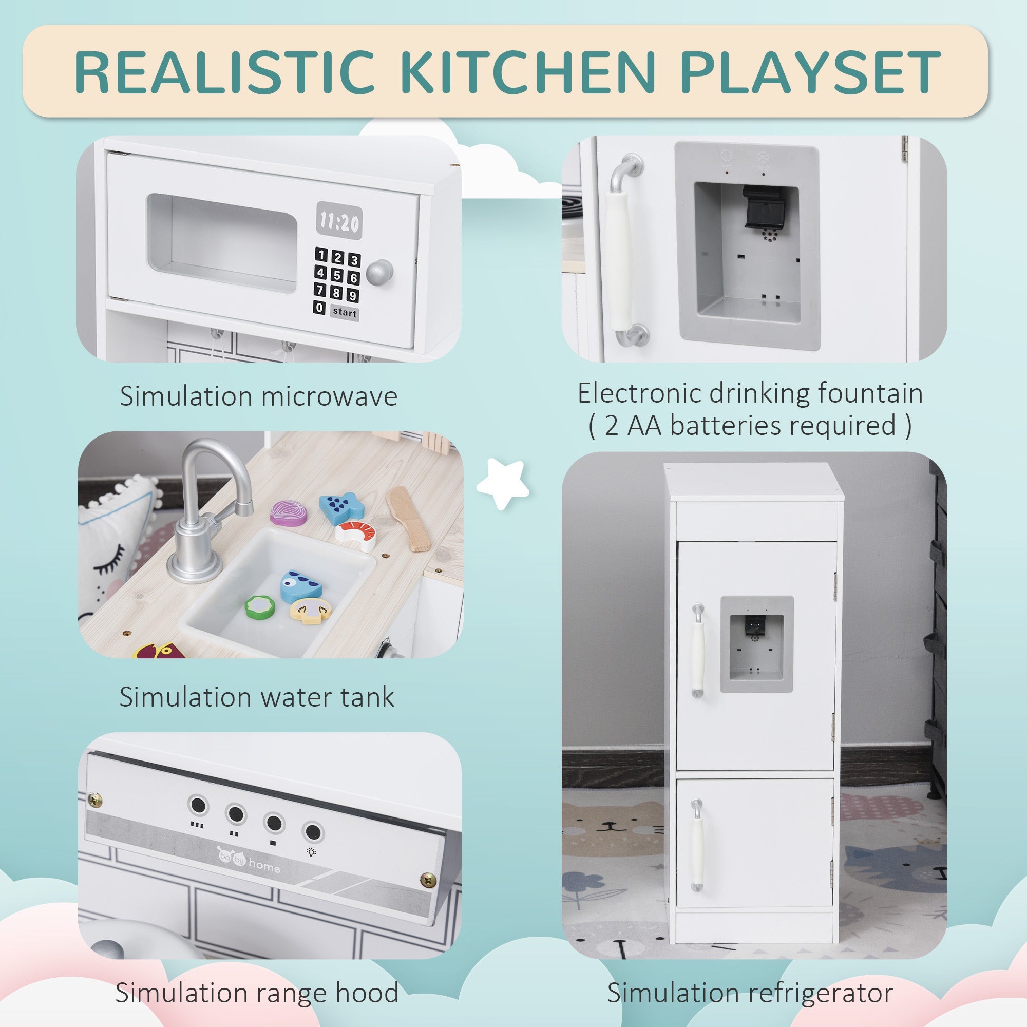 Qaba Play Kitchen Set for Kids - White Cooking Toy with Drinking Fountain, Microwave, Fridge & Accessories