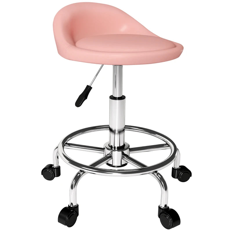 PU Leather Rolling Stool, Height Adjustable Swivel Salon Chair with Backrest and Foot Rest for Spa, Tattoo, Pink