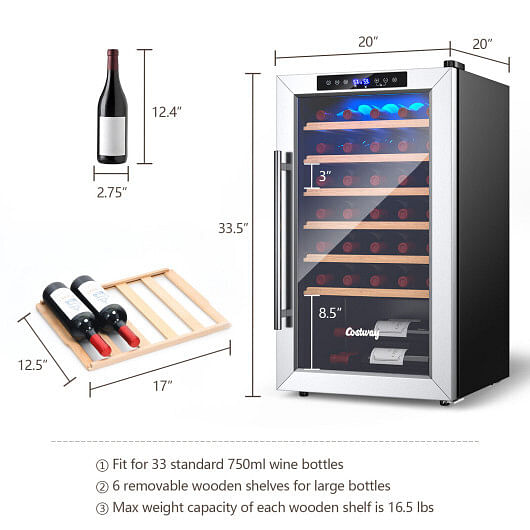 20 Inch Wine Refrigerator for 33 Bottles and Tempered Glass Door-Silver - Free Shipping