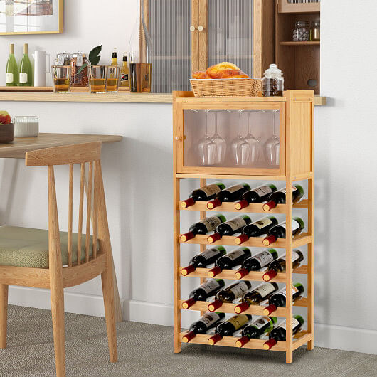 20-Bottle Freestanding Bamboo Wine Rack Cabinet with Display Shelf and Glass Hanger-Natural - Free Shipping