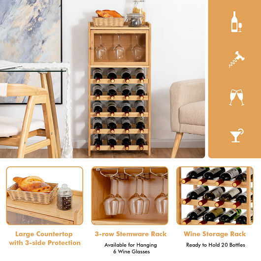 20-Bottle Freestanding Bamboo Wine Rack Cabinet with Display Shelf and Glass Hanger-Natural - Free Shipping
