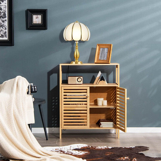 Bamboo Bathroom Floor Storage Cabinet with Shutter Doors-Natural - Free Shipping