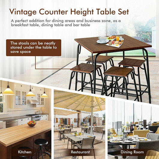 5 Pieces Bar Table Set with 4 Counter Height Backless Stools-Rustic Brown - Free Shipping