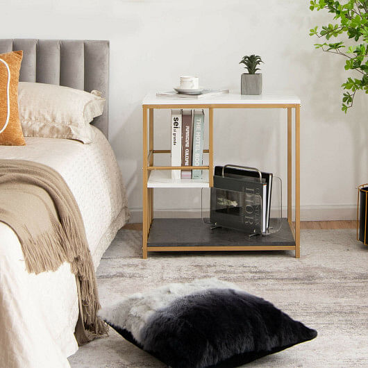 3-Tier Multi-function Marble End Table with Storage Shelf-Golden - Free Shipping