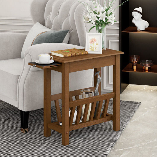 2-Tier End Table with Pull-out Tray and Solid Rubber Wood Legs-White - Free Shipping