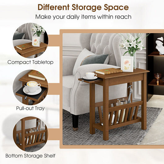 2-Tier End Table with Pull-out Tray and Solid Rubber Wood Legs-White - Free Shipping