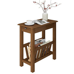 2-Tier End Table with Pull-out Tray and Solid Rubber Wood Legs-White - Free Shipping
