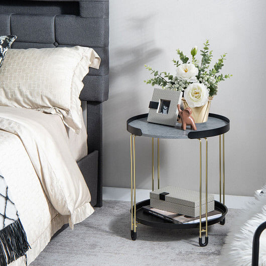 2-Tier Round Side Table with Removable Tray and Metal Frame for Small Space-Golden - Free Shipping