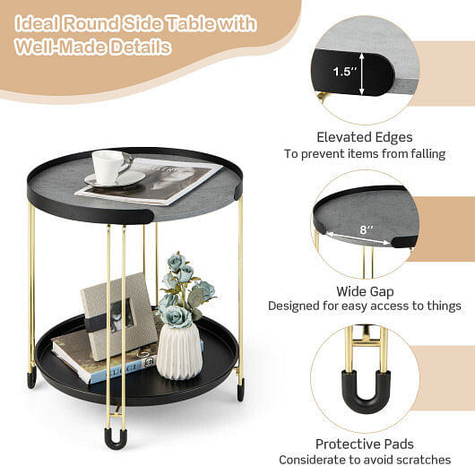 2-Tier Round Side Table with Removable Tray and Metal Frame for Small Space-Golden - Free Shipping