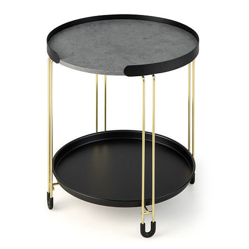 2-Tier Round Side Table with Removable Tray and Metal Frame for Small Space-Golden - Free Shipping