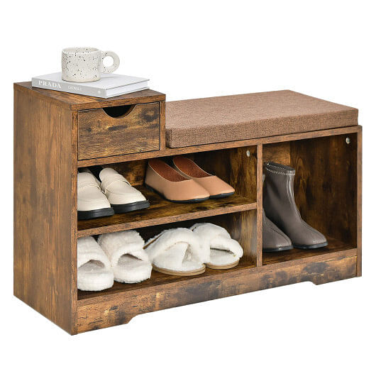 Entryway Storage Shoe Bench with 1 Storage Drawer and 3 Open Compartments-Rustic Brown - Free Shipping