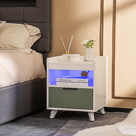 Modern Nightstand with LED Lights Sliding Drawer and Open Compartment-White - Free Shipping