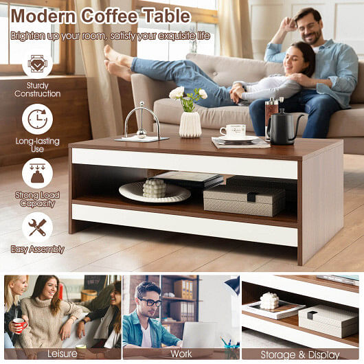 37 Inch 2-Tier Rectangle Wooden Coffee Table with Storage Shelf-Wulnat - Free Shipping