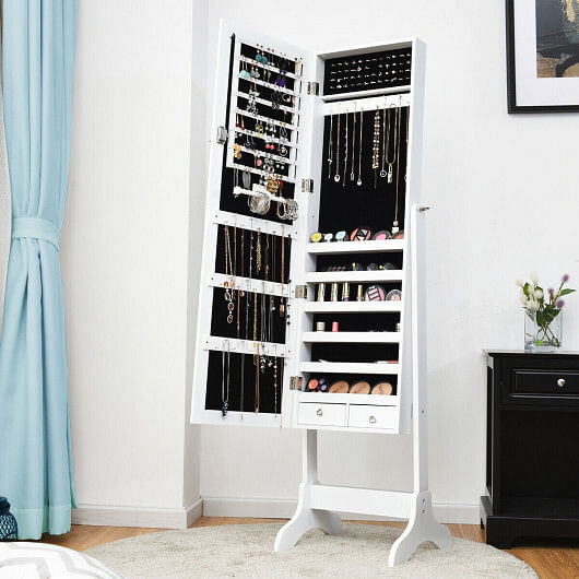 Lockable Mirrored Jewelry Cabinet Armoire Storage Organizer Box-White - Free Shipping