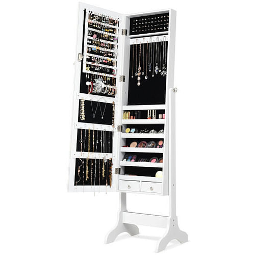 Lockable Mirrored Jewelry Cabinet Armoire Storage Organizer Box-White - Free Shipping