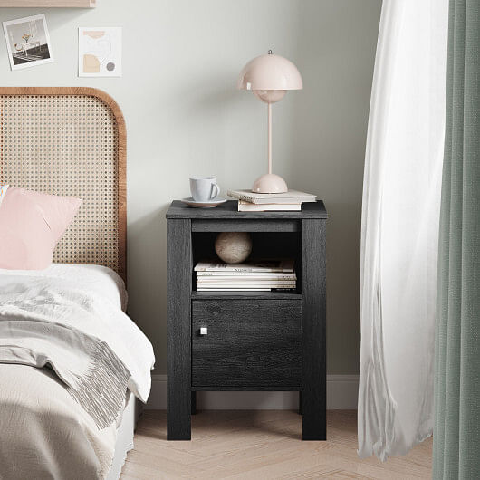 Compact Floor Farmhouse Nightstand with Open Shelf and Cabinet-Dark Gray - Free Shipping