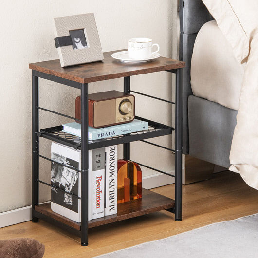 3-Tier Industrial Side Table with Adjustable Mesh Shelf-Rustic Brown - Free Shipping