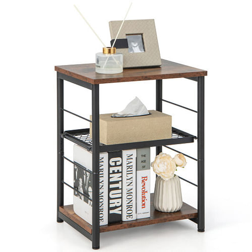 3-Tier Industrial Side Table with Adjustable Mesh Shelf-Rustic Brown - Free Shipping