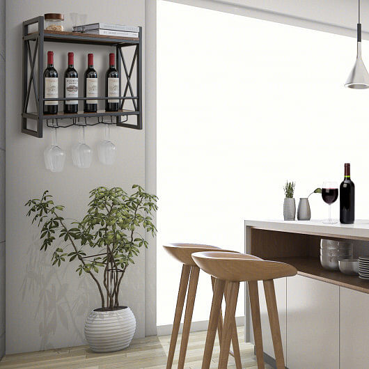 Industrial Wall Mounted Wine Rack with 3 Stem Glass Holders - Free Shipping