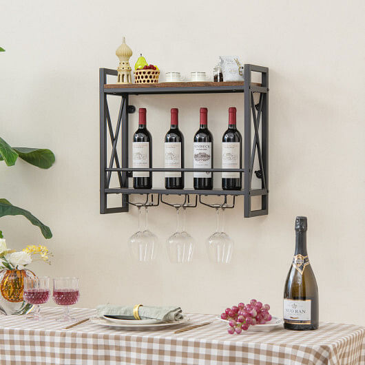 Industrial Wall Mounted Wine Rack with 3 Stem Glass Holders - Free Shipping