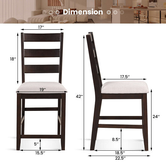 2 Piece Counter Height Bar Stool Set with Padded Seat and Rubber Wood Legs-Beige - Free Shipping