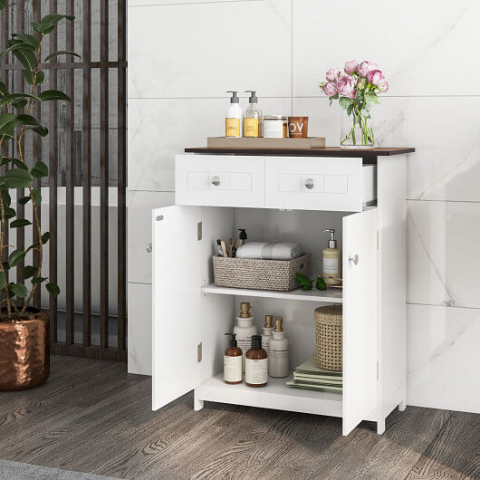 Freestanding Bathroom Floor Cabinet Storage Organizer with 2 Drawers-White - Free Shipping