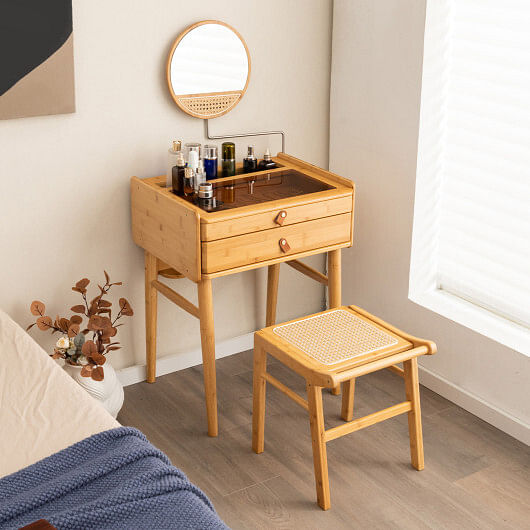 Bamboo Makeup Vanity Table with Mirror with 2 Storage Drawers-Natural - Free Shipping