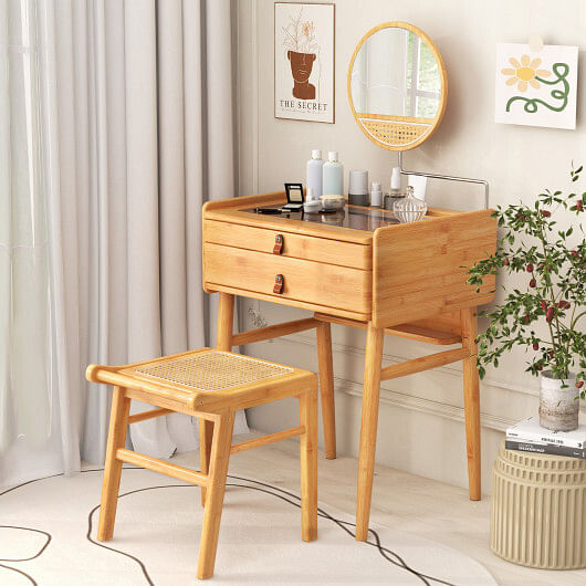 Bamboo Makeup Vanity Table with Mirror with 2 Storage Drawers-Natural - Free Shipping