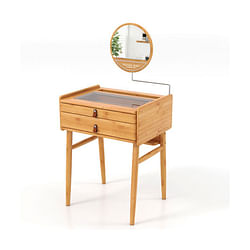 Bamboo Makeup Vanity Table with Mirror with 2 Storage Drawers-Natural - Free Shipping
