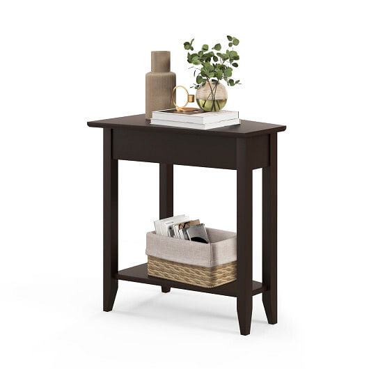 2-Tier Wedge Narrow End Table with Storage Shelf and Solid Wood Legs-Espresso - Free Shipping