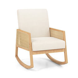 Rocking Chair with Rattan Armrests and Upholstered Cushion-Beige - Free Shipping