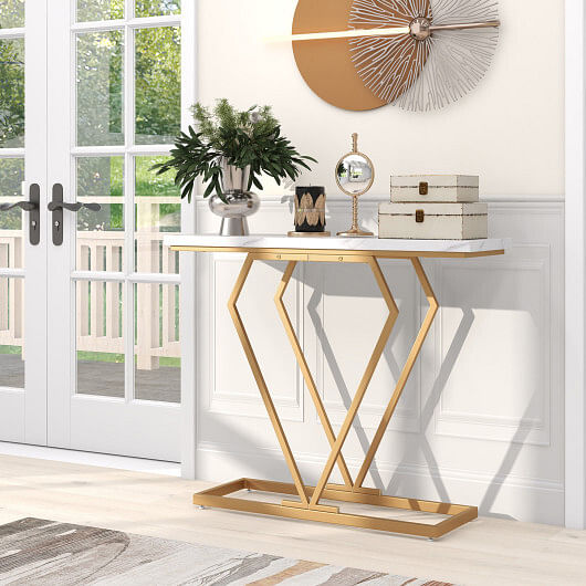 Gold Console Table with Diamond Shape Geometric Frame-White - Free Shipping
