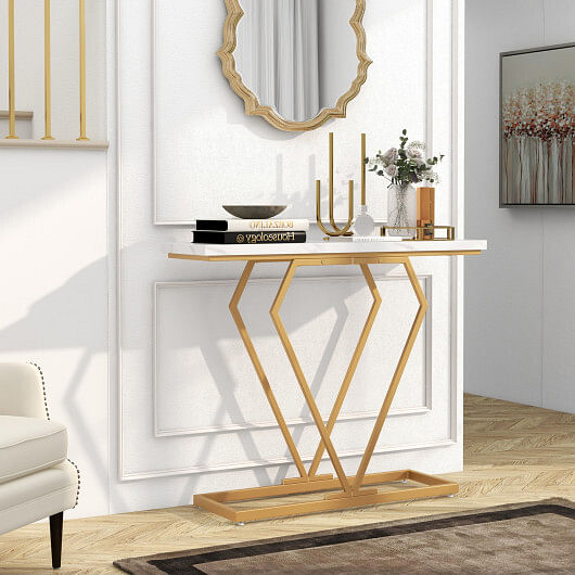 Gold Console Table with Diamond Shape Geometric Frame-White - Free Shipping