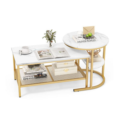 Set of 2 Nesting Coffee Table with Extra Storage Shelf for Living Room-Golden - Free Shipping
